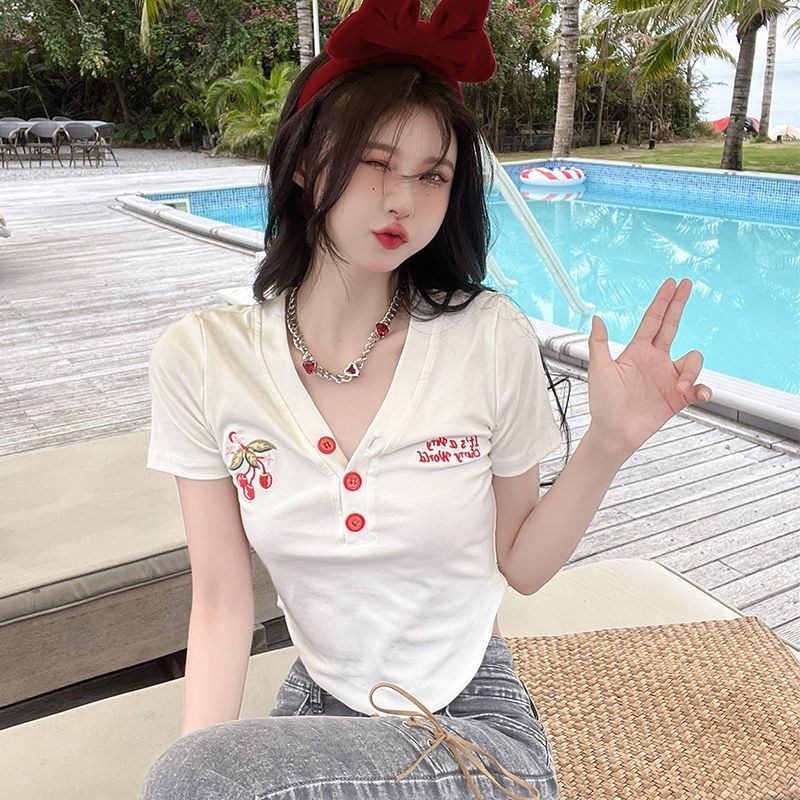 COZOK Áo Thun Tay Ngắn Dáng Ôm Thêu Hình Quả Cherry Dễ Thương