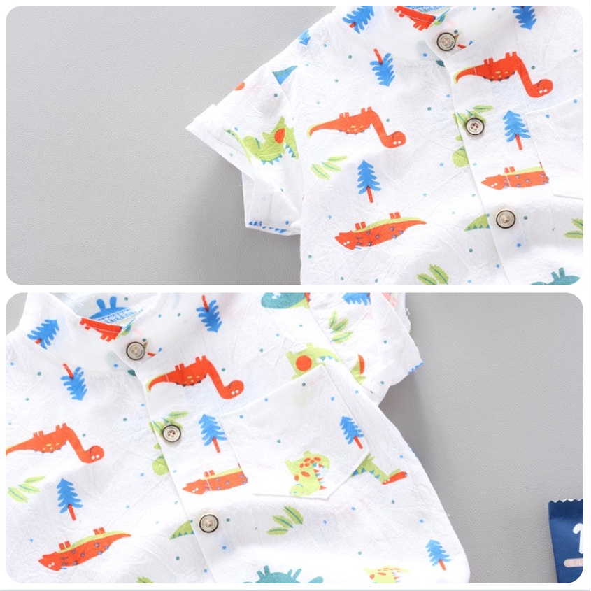Áo sơ mi tay ngắn cổ đứng hình khủng long và quần ngắn BABEPROUD thời trang mùa hè cho bé trai 1 - 6 tuổi