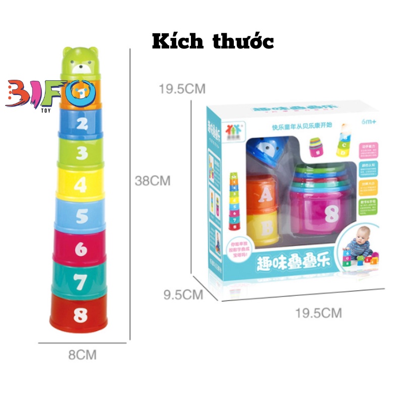 Đồ chơi tháp cốc nhựa xếp chồng 9 tầng đồ chơi giáo dục sớm giúp bé nhận diện màu sắc, to nhỏ, chữ và số hình gấu