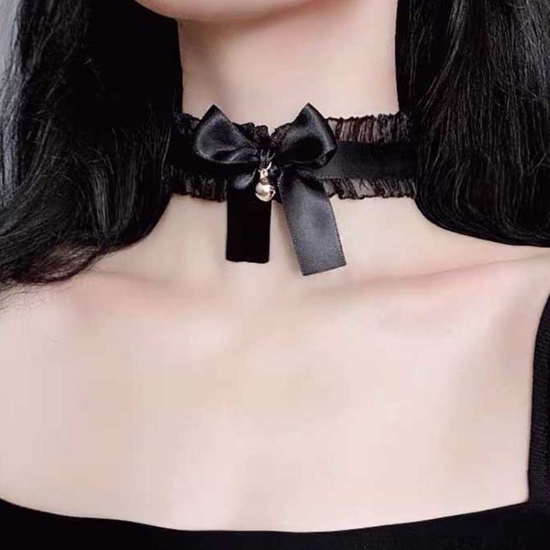 Set Vòng Cổ Choker + Vòng Đeo Tay + Dây Chuyền Phối Nơ Và Chuông Phong Cách Lolita