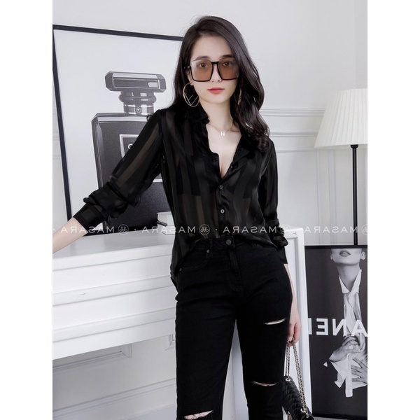 Áo Sơ Mi Nữ Lụa Voan Sọc Đen, Sơ Mi Nữ Tay Dài Lụa Hoa Tiết Sọc Màu Đen Chất Lụa Tơ  Form Suông Dài Size đến 75kg