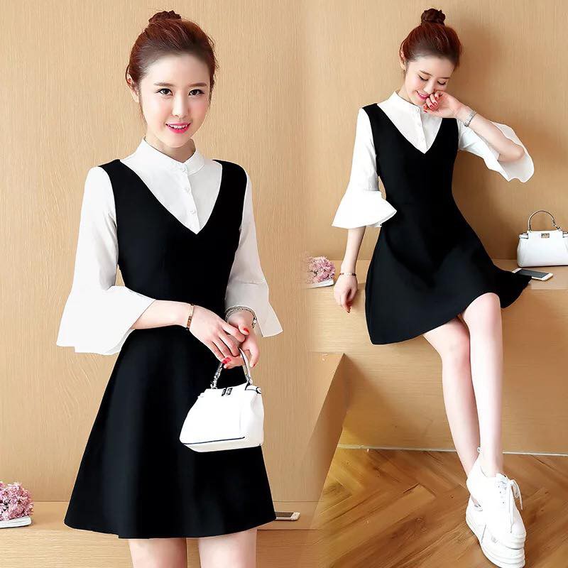 Váy bầu đen phối tay trắng lỡ