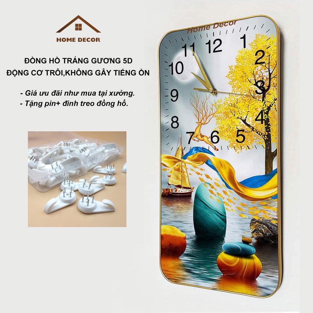 Tranh đồng hồ treo tường tráng gương pha lê 5D,treo sang trọng, tinh tế, kim trôi (tặng pin, đinh treo).