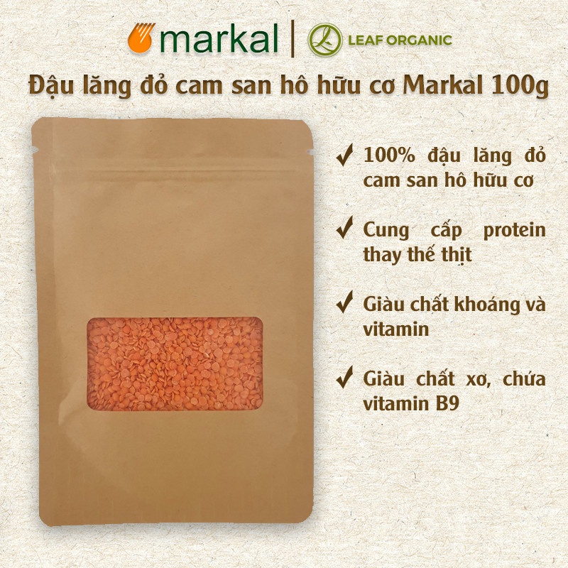 Đậu lăng đỏ cam san hô hữu cơ Markal túi zip 100g rất tốt cho mẹ bầu