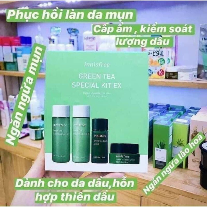 Bộ dưỡng da hồng, xanh, tím 4 món Innisfree cho da dầu và hỗn hợp đem đi du lịch đều rất oke chị e n
