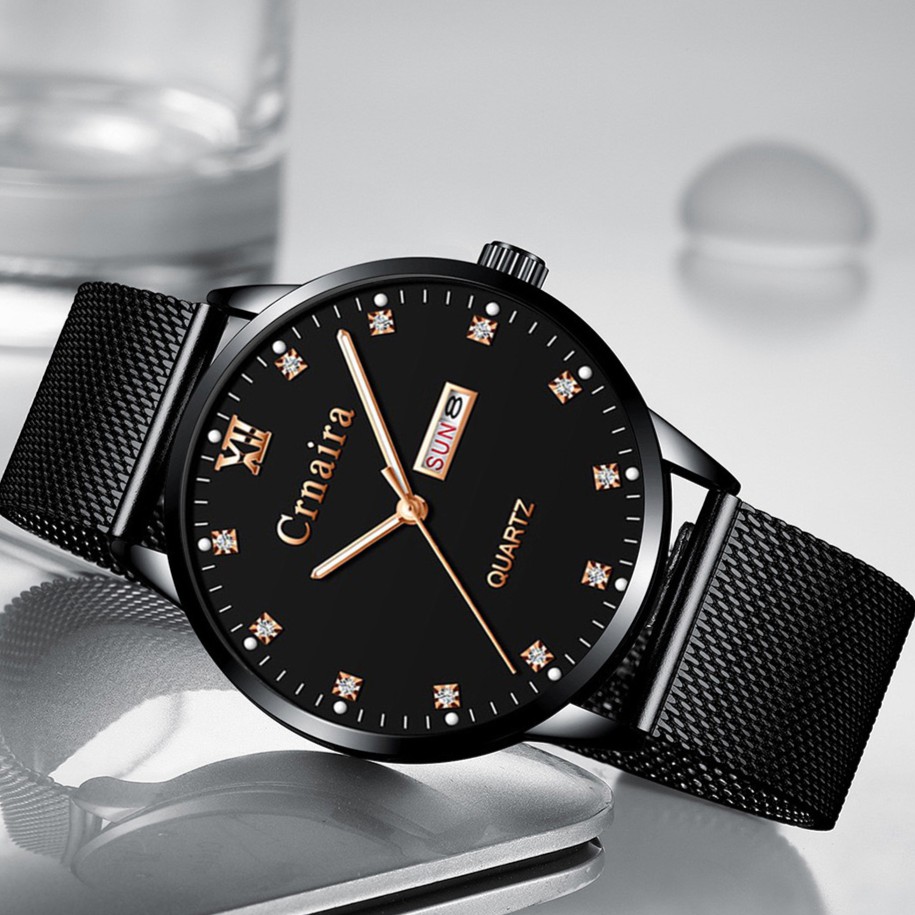 (CHÍNH HÃNG) Đồng Hồ Nam Mặt Đính Đá CRNAIRA JAPAN Chạy 2 Lịch Dây Thép Lụa Cao Cấp _Full Box