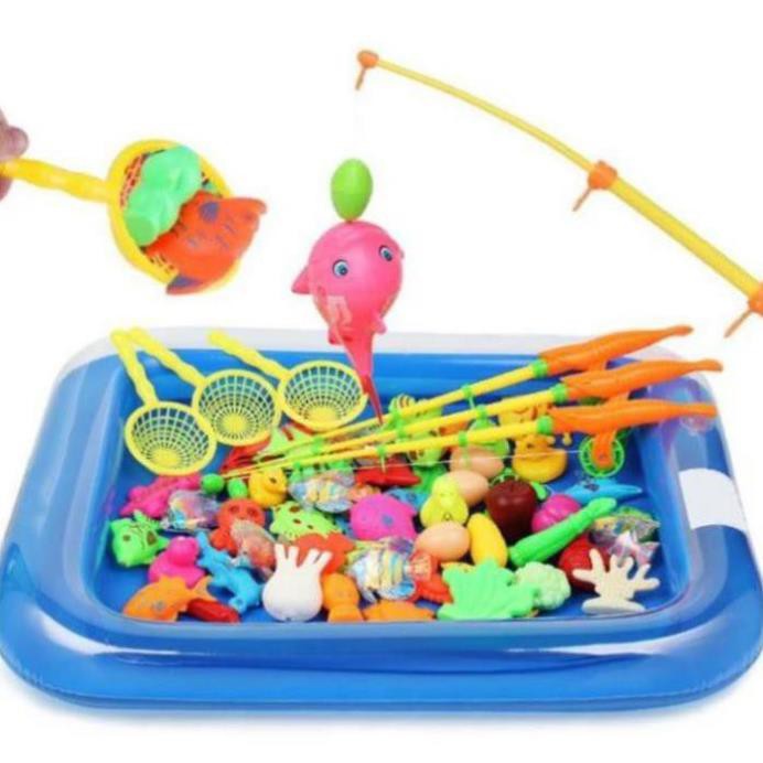 [KÈM PHAO VÀ RỔ] Bể Phao Câu Cá Cho Bé Tại Nhà Mẫu Mới – Gồm Phao – Cá – Vợt – Cần Câu-Rổ