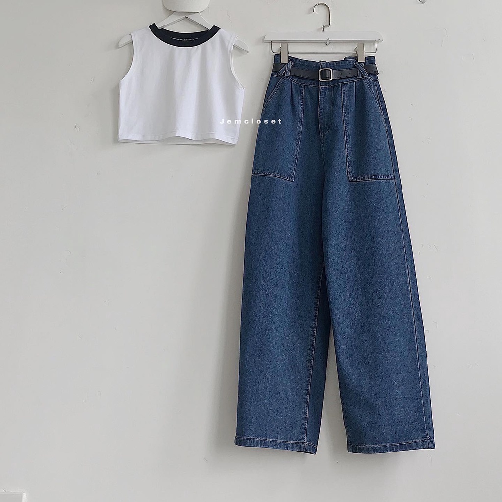 Áo croptop ba lỗ JEMCLOSET có cổ viền hai màu trắng đen dễ phối đồ - 1526