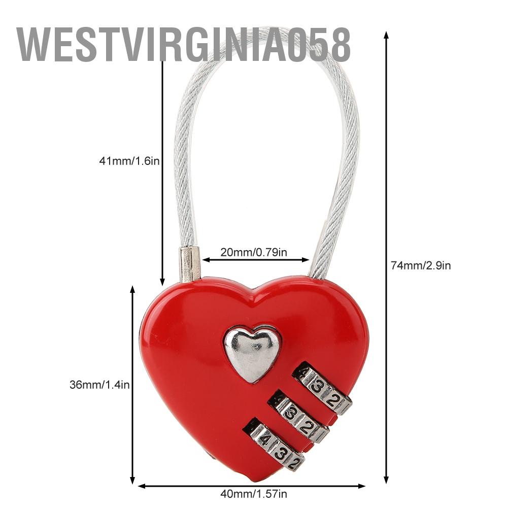 Westvirginia058 Heart Shape 3 Digit Code Combination Luggage Bag Lock Password Security Couple Padlock