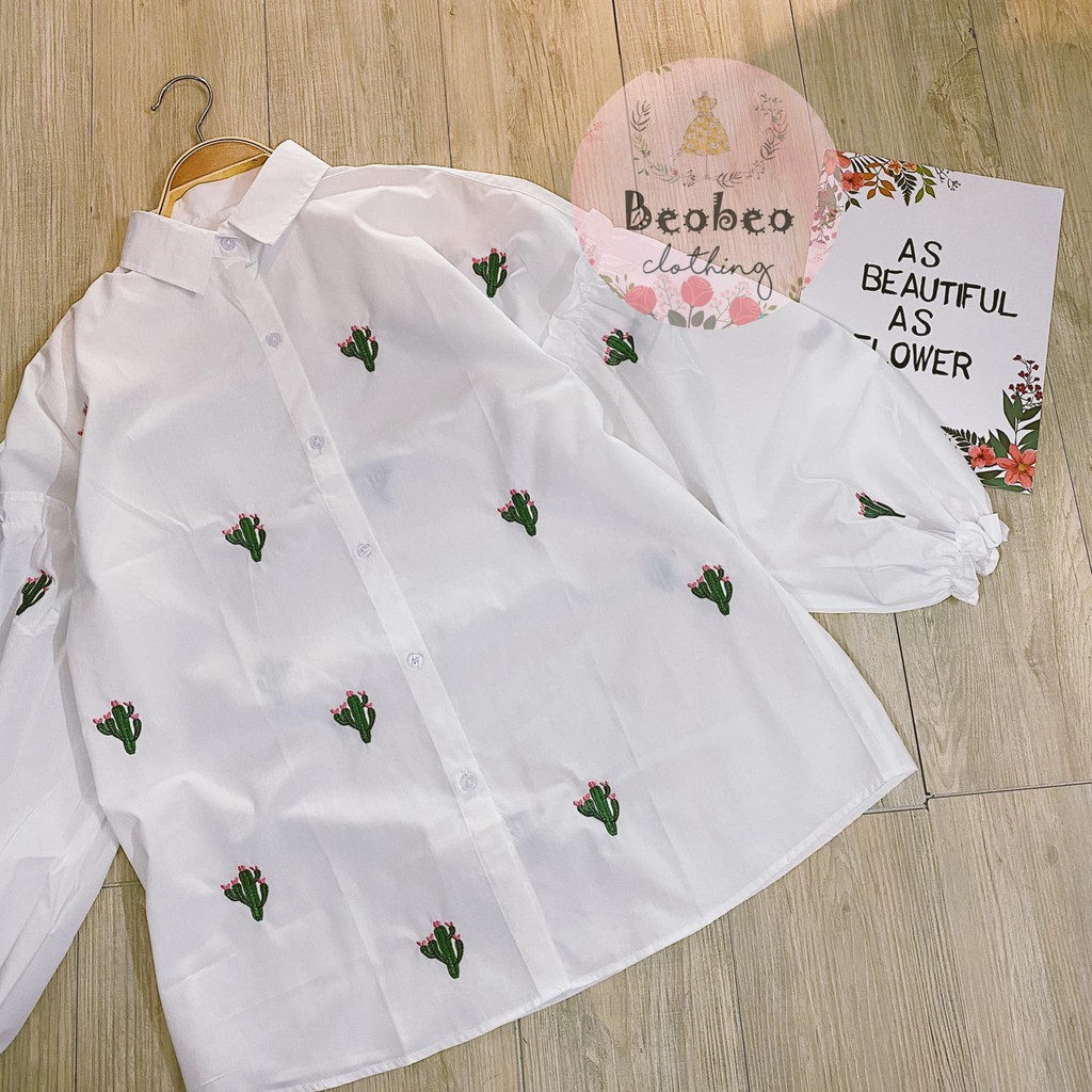 [Ảnh thật] Áo sơ mi thêu hình xương rồng tay bo ulzzang | BigBuy360 - bigbuy360.vn