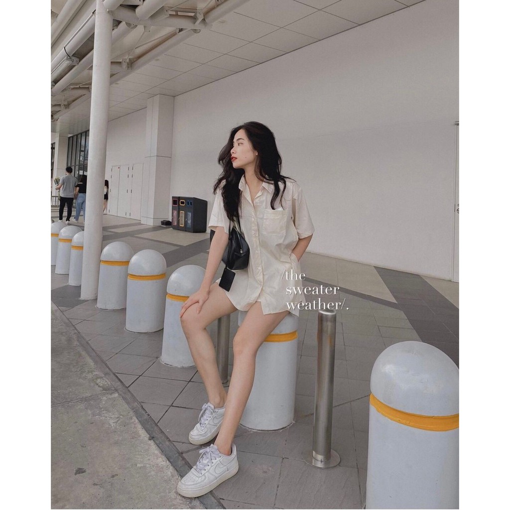 [Ảnh thật] Áo sơ mi tay lỡ xẻ tà 2 bên cài cúc ulzzang