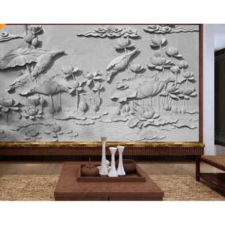 Ao sen trên tường nền xi măng chạm khắc 3 chiều, Tranh 3d dán tường hiện đại (tích hợp sẵn keo) MS647102