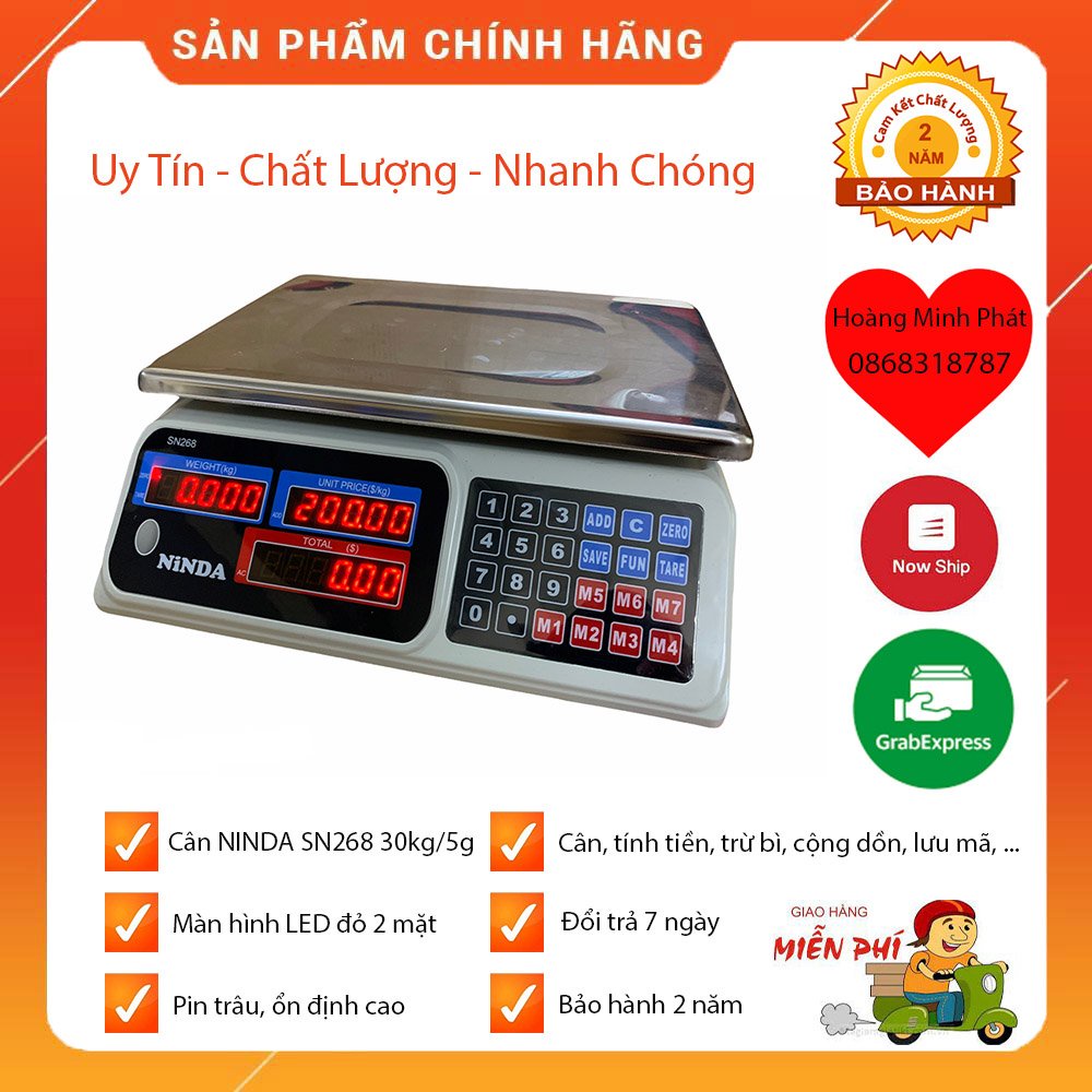 CÂN ĐIỆN TỬ TÍNH TIỀN HÀNG DÀNH CHO CHUỖI SIÊU THỊ, CỬA HÀNG, NHÀ HÀNG, TẠP HÓA 30kg/5g NINDA SN268 - BẢO HÀNH 2 NĂM