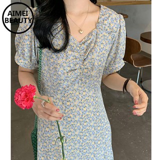 Đầm hoa tay phồng cổ chữ v phong cách Hàn Quốc cho nữ