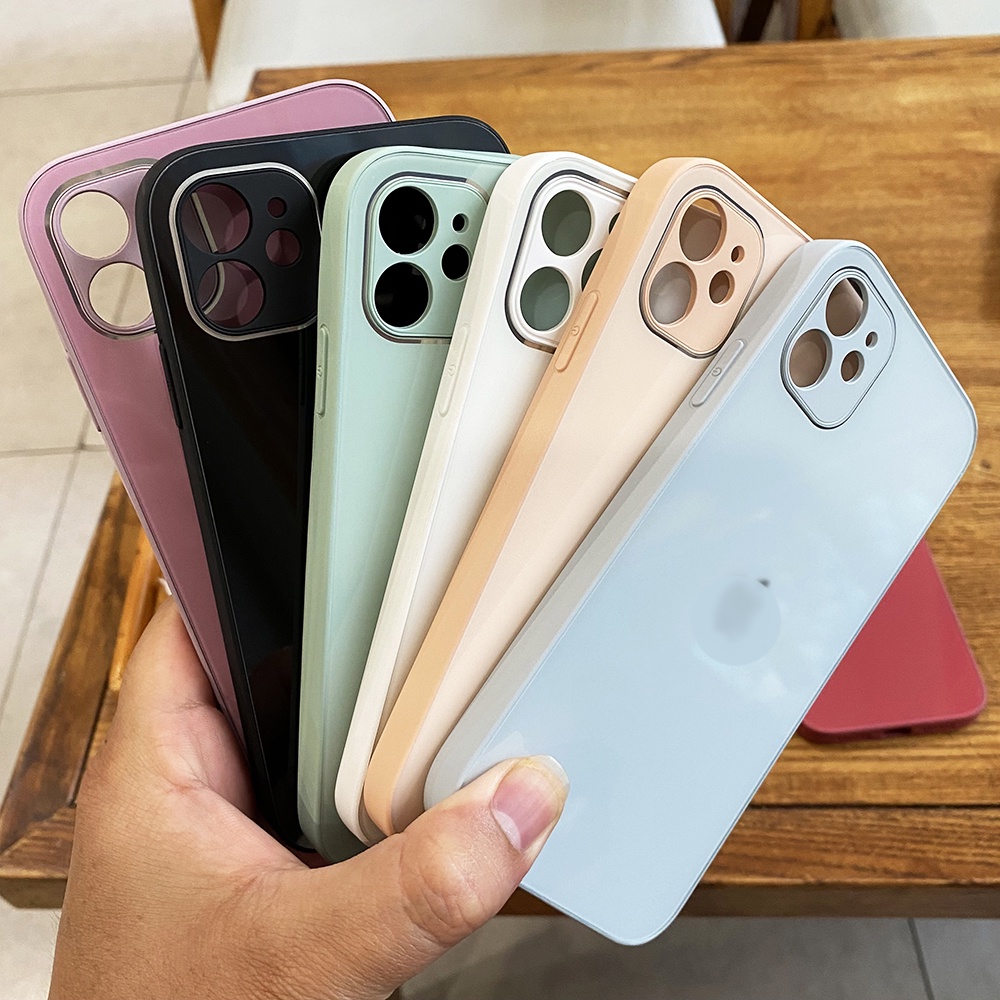 Ốp Lưng Iphone Mặt Lưng Kính Viền vuông Silicon Cho IP 6 6s 7 8 Plus SE X XS XSM 11 12 13 pro Max