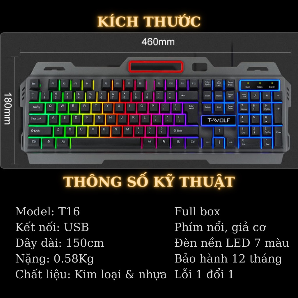 Bàn phím giả cơ chuyên gaming T16 thế hệ mới chính hãng T-Wolf, led 7 màu ấn tượng đỉnh cao dành cho game thủ