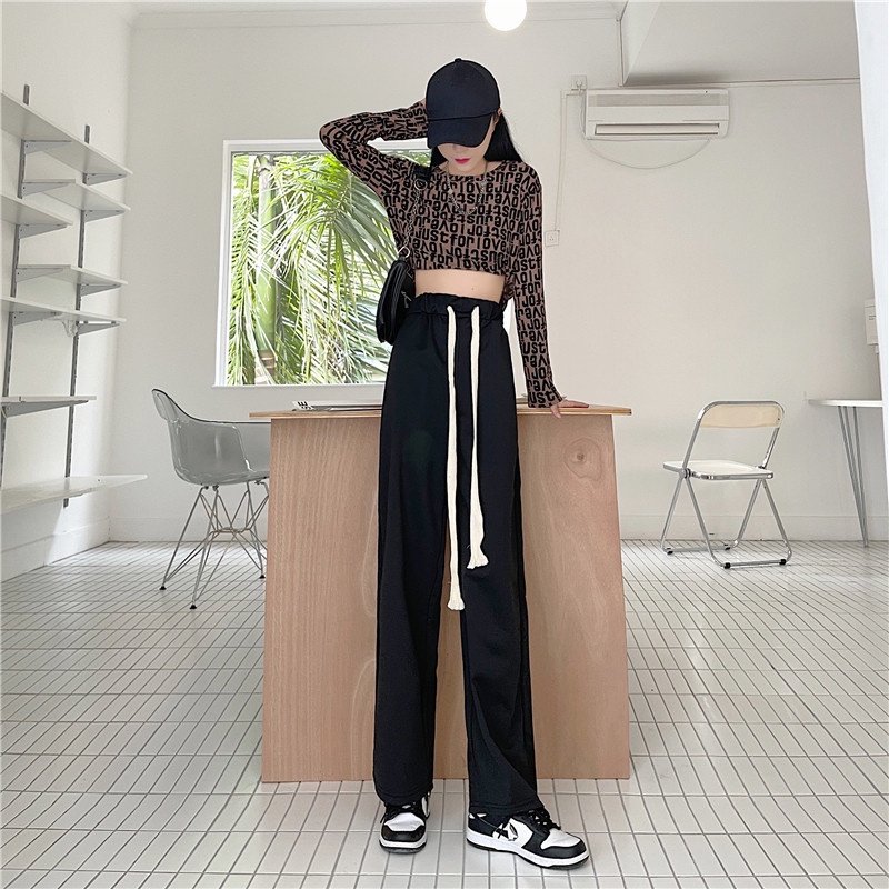 Quần dài lưng cao dáng rộng phối dây rút thời trang cá tính cho nữ