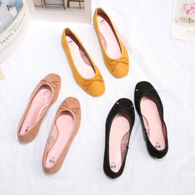 Giầy Búp Bê Nữ Giày Lười Đế Bệt Da Lộn Thắt Nơ H.M - LITTLE KOREA