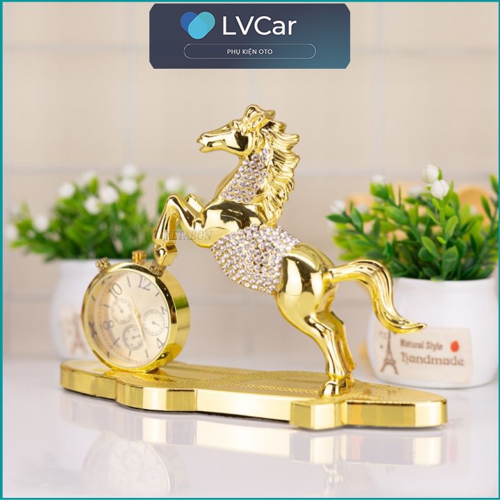 Tượng Ngựa Vàng Đính Đá Phong Thuỷ Để Ô Tô - MÃ ĐÁO THÀNH CÔNG - Có Đồng Hồ Nước Hoa Sang Trọng