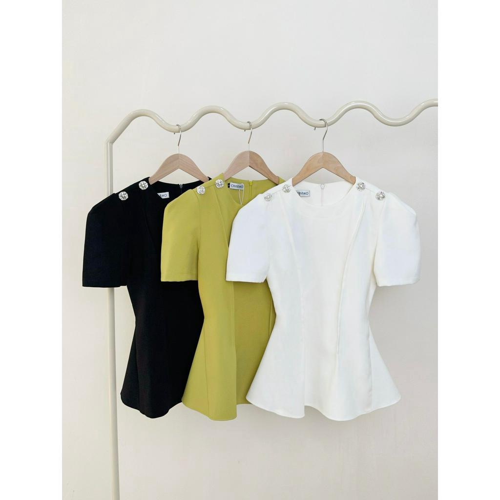 Áo cổ tròn CHARMO đính hạt trên vai form peplum ôm eo công sở thanh lịch Button Line Top