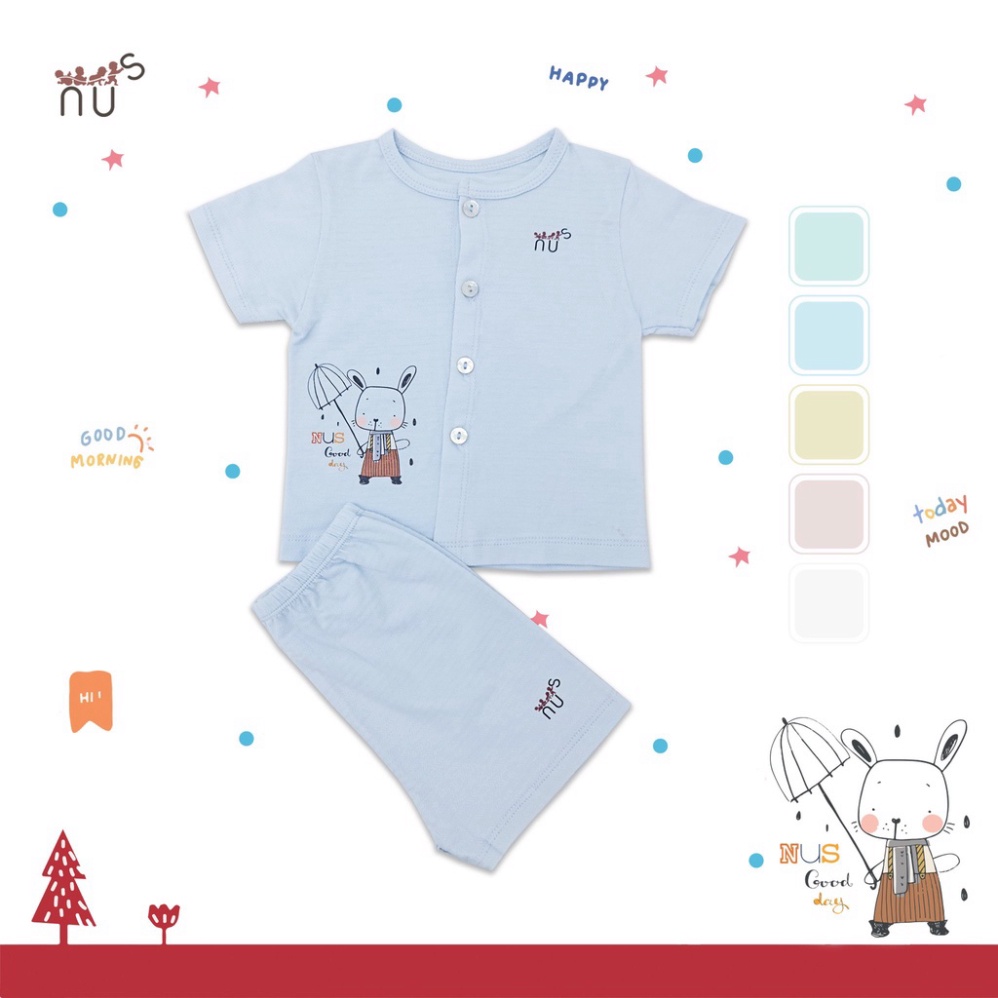 Bộ quần áo cộc tay cho bé cài thẳng họa tiết chuột che dù mềm mịn, dễ thương nhà NUS cho bé dưới 20kg
