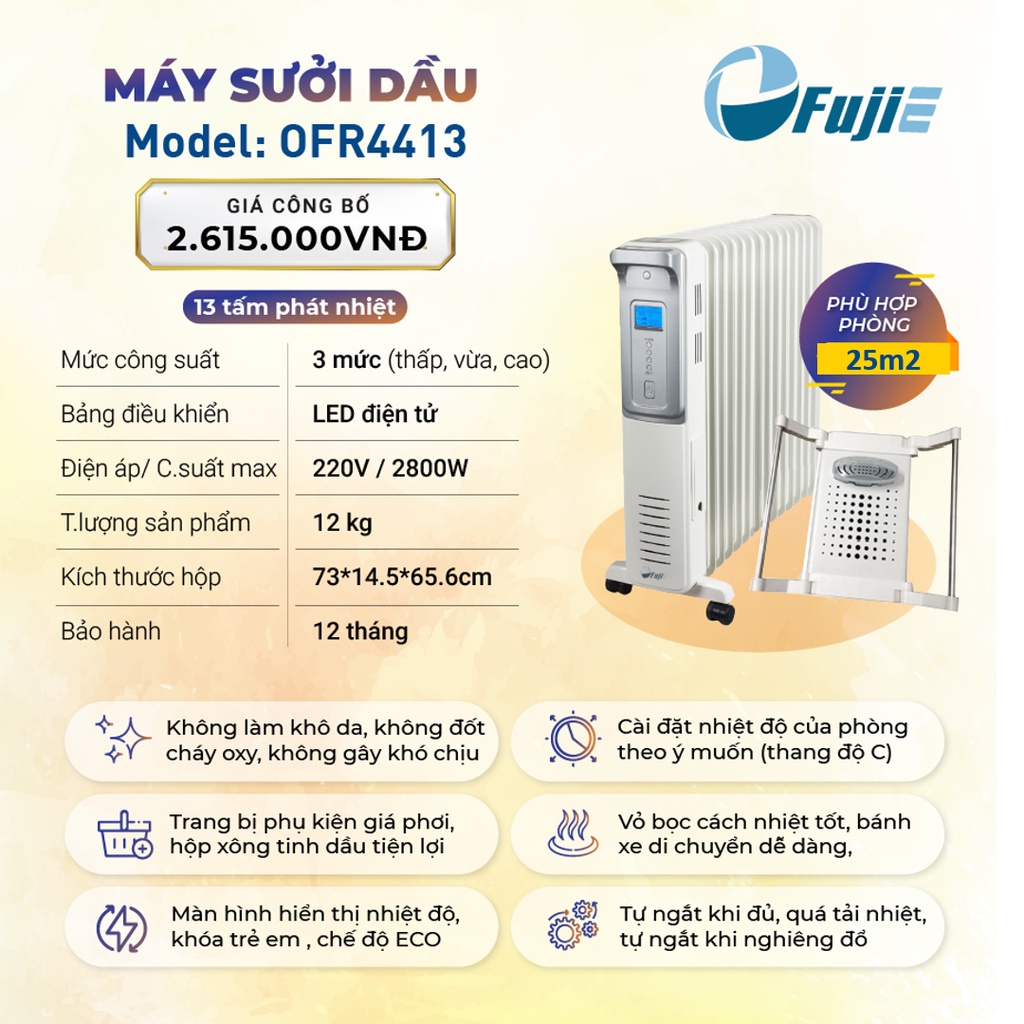 Máy sưởi dầu Nhật Bản Nhập Khẩu không khô da 11 thanh Fujihome, máy sưởi ấm điện không đốt oxy tự ngắt không gốm mini