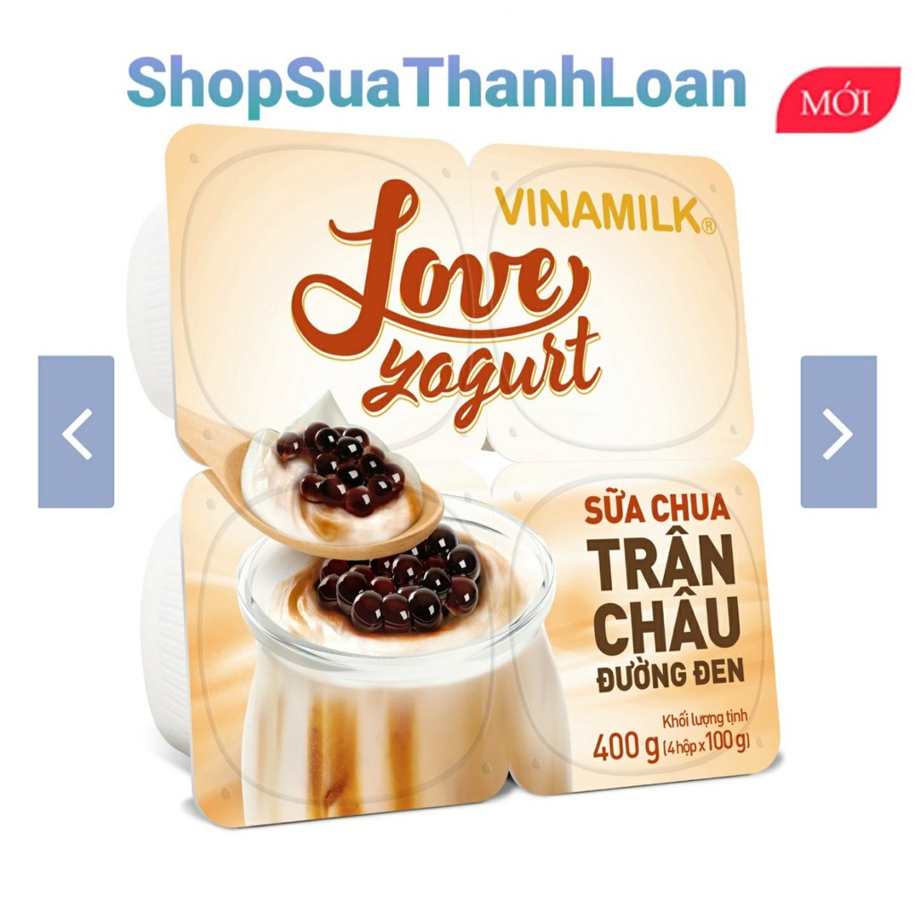 SỮA CHUA ĂN VINAMILK LOVE YOGURT TRÂN CHÂU ĐƯỜNG ĐEN - LỐC 4 HỘP 100GR