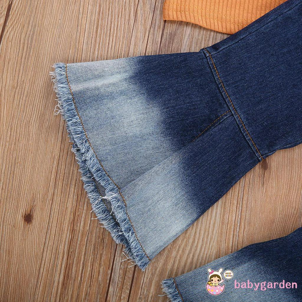 Set Áo Trễ Vai Và Quần Jeans Ống Loe Thời Trang Cho Bé Gái