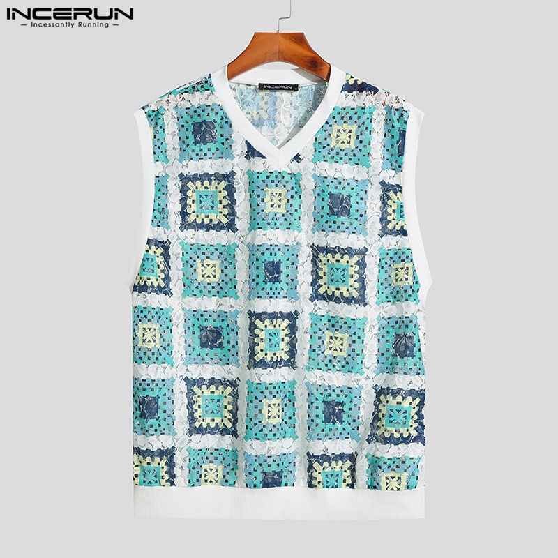 Áo tank top INCERUN không tay cổ chữ V phối ren hoa phong cách hippie sáng tạo dành cho nam giới