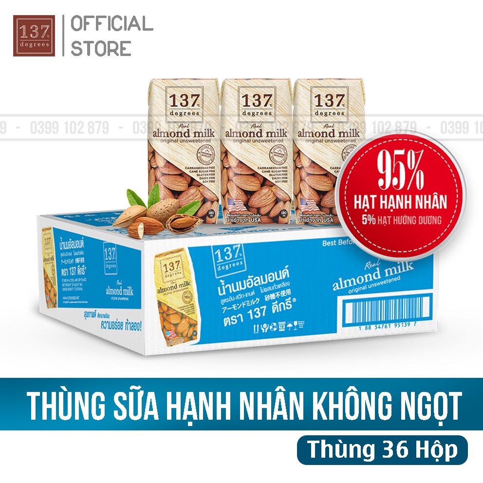 Thùng Sữa Hạt Hạnh Nhân Không Ngọt 137 Degrees 180ml x 36 hộp