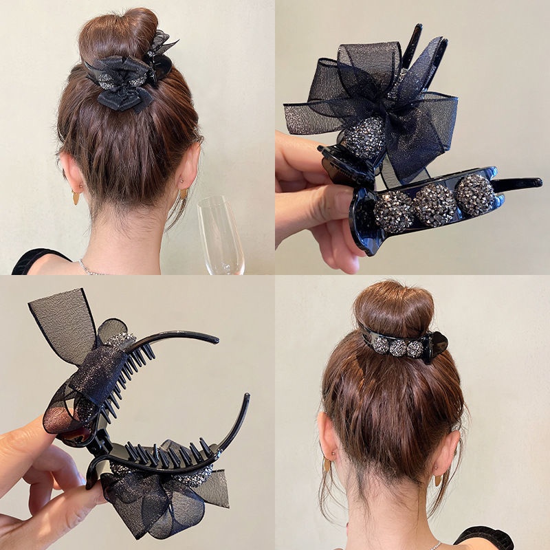 Kẹp Tóc Nơ Lưới Màu Đen Đính Đá Xinh Xắn