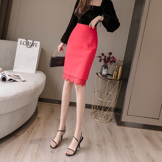 Chân váy bút trì phối ren se sau/ chân váy công sở