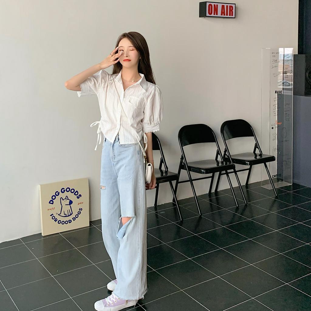 Áo kiểu cho nữ ngắn tay cổ chữ V xếp ly thời trang