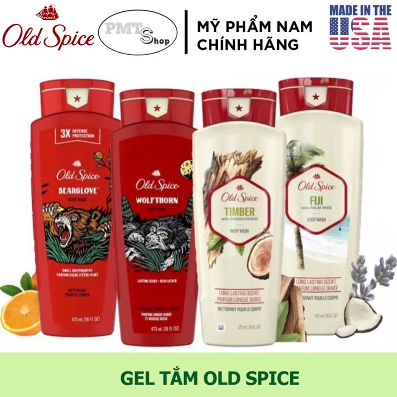 (NK Mỹ) Sữa tắm nam Gel Old Spice 473ml Timber Bearglove Fiji Wolfthorn Pure Sport Fresh Tắm gội 2in1 532ml Made in USA