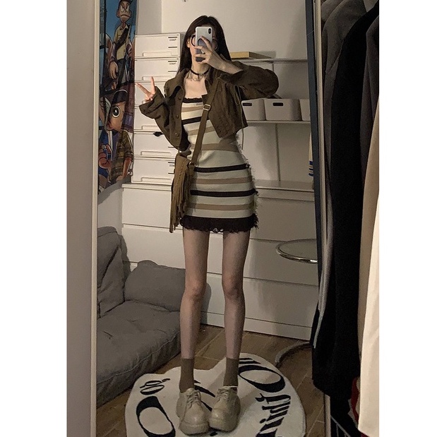 Porozi Áo khoác kaki tay dài/ đầm dáng ôm kẻ sọc  thời trang Hàn Quốc dành cho nữ