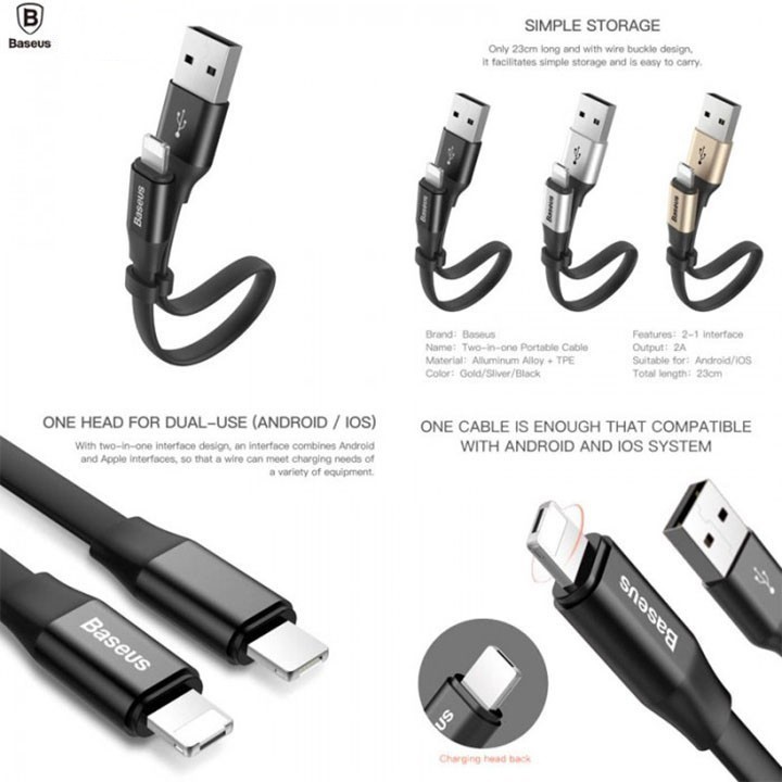 Cáp Sạc Đa Năng Baseus cổng Lightning cho iPhone và Micro USB (2 trong 1) - Dài 23cm
