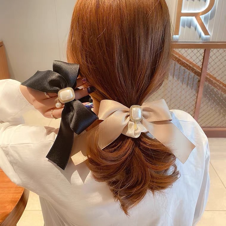 Dây Buộc Tóc Thắt Nơ Bằng Vải Organza Đính Ngọc Trai Cỡ Lớn Phong Cách Mới