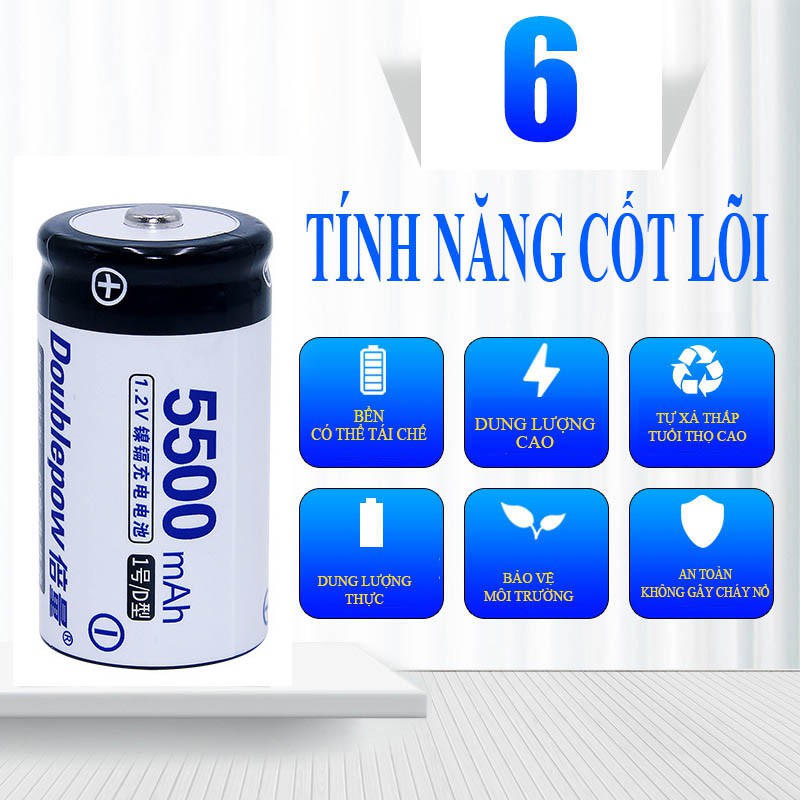 [Hộp 02 viên] Pin đại sạc lại số 1 loại D 5500 mAh Ni-Cd - Doublepow - loại cao cấp, dung lượng thực