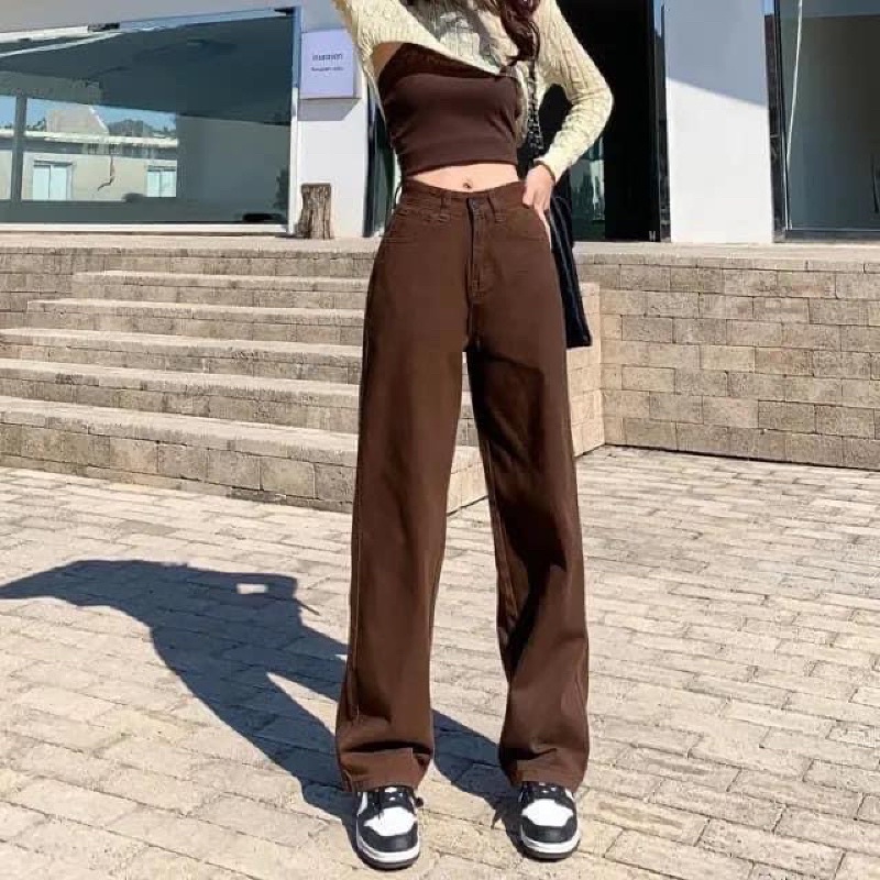 Quần Jeans Nữ Ống Đứng Màu Nâu Đất Đậm Cạp Cao 1 Cúc Phong Cách Ulzzang Hot Trend Basic Dễ Mix Đồ Loại 1