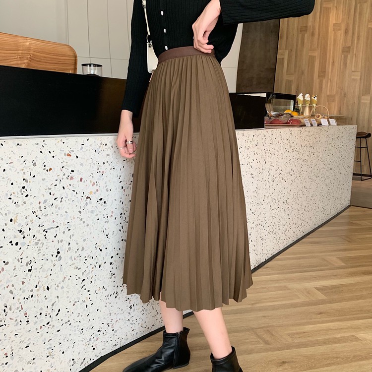 Chân váy Midi dài Xếp li Lưng cao Dáng chữ A Thu Đông Ulzzang Màu trơn Hàn Quốc Chân váy Midi dài Cạp cao Thời trang | BigBuy360 - bigbuy360.vn