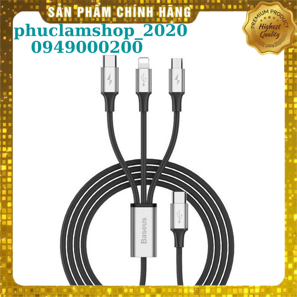 Dây cáp sạc nhanh 3A tốc độ cao Baseus Cable tích hợp 3 đầu kết nối Type-C to/Micro/Type-C/ip/tablet táo