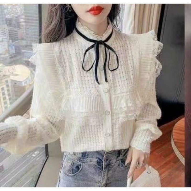 Áo sơ mi ren lông cột nơ - Hàng Quảng Châu L1