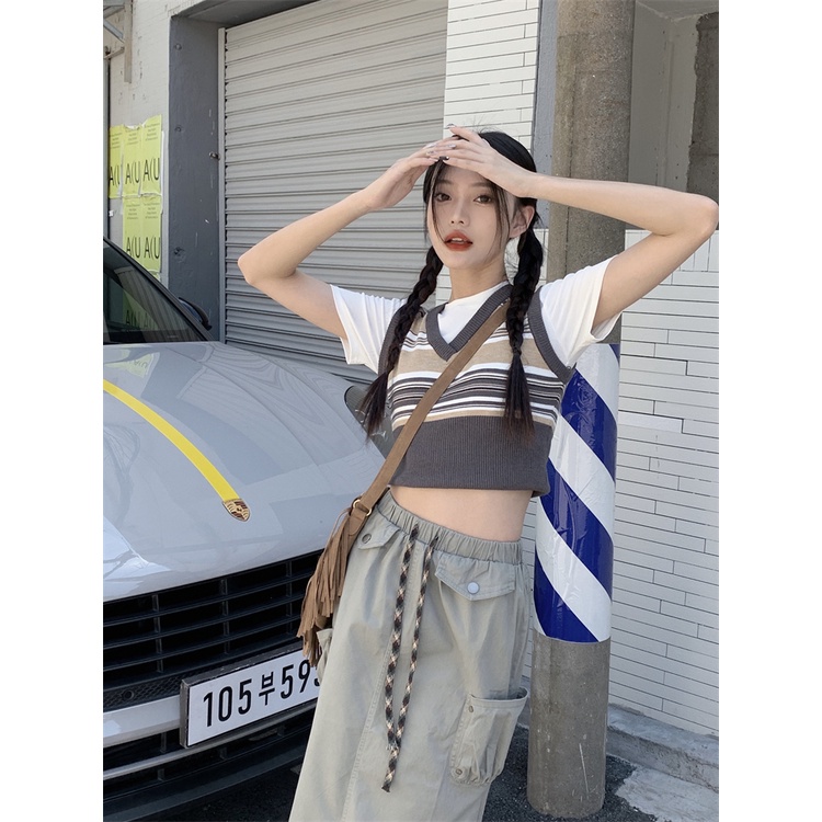 HUANG YOYO Áo Dệt Kim Hai Lớp Họa Tiết Kẻ Sọc Màu Tương Phản Thời Trang Hàn Quốc Dễ Phối Đồ