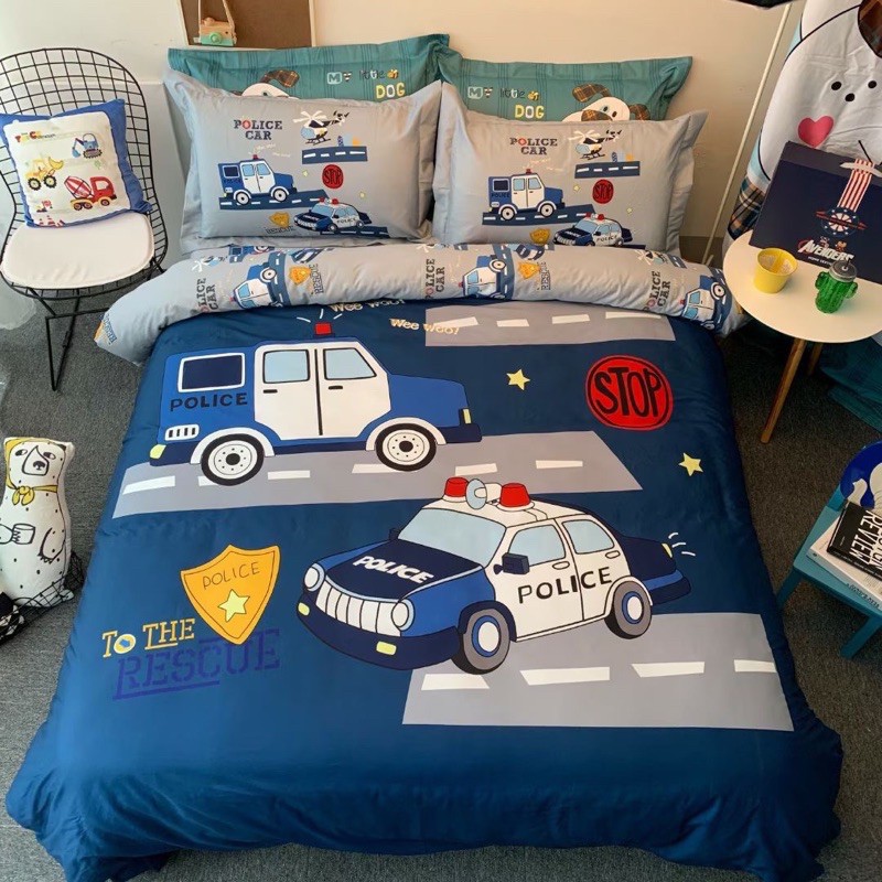 Bộ Chăn Ga Gối Cotton Lụa Hoạt Hình Xe Cảnh Sát