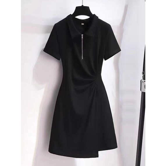 Váy đầm cổ POLO eo xinh đuôi xẻ tà hai màu lục đen phong cách Hàn Quốc MS816