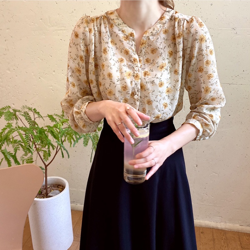 Áo sơ mi tay dài vải chiffon mỏng in hoa thời trang thời thượng cho nữ