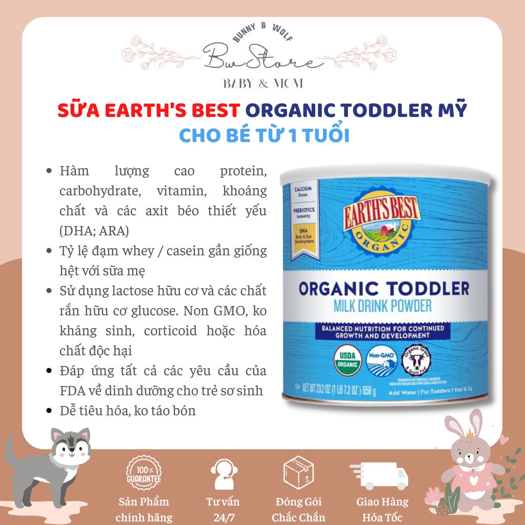 [Hàng Air - Cam kết chính hãng] Sữa Bột Earth's Best Organic Toddler Mỹ Hộp Xanh 595gr