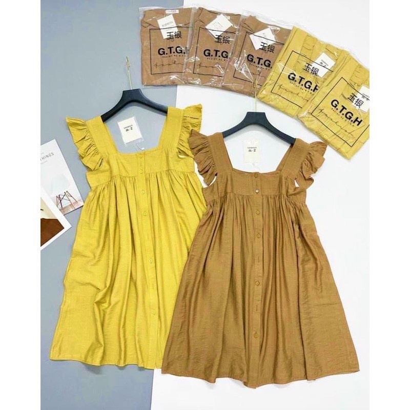 Đầm maxi - váy 2 dây viền bèo Bingshop vải đũi tơ mềm mịn mát form rộng