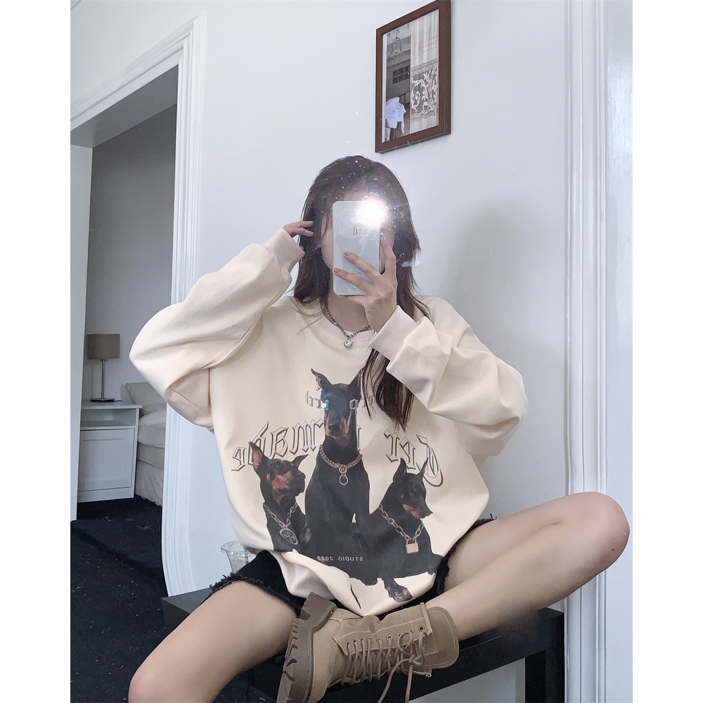 Áo len cổ tròn tay dài dáng rộng in họa tiết phong cách Mỹ cổ điển thời trang cho nữ