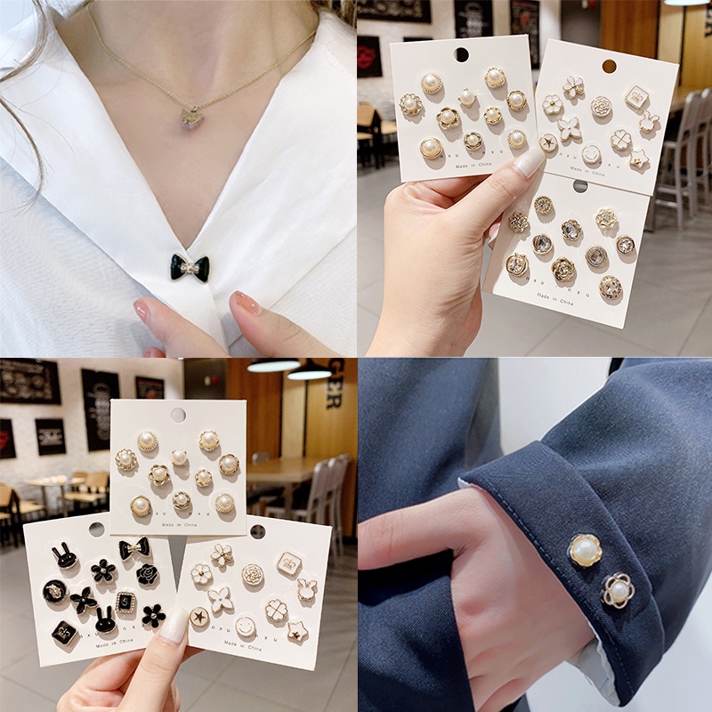 Set nút cài cổ áo đính ngọc trai nhân tạo nhỏ gọn đơn giản cho nữ